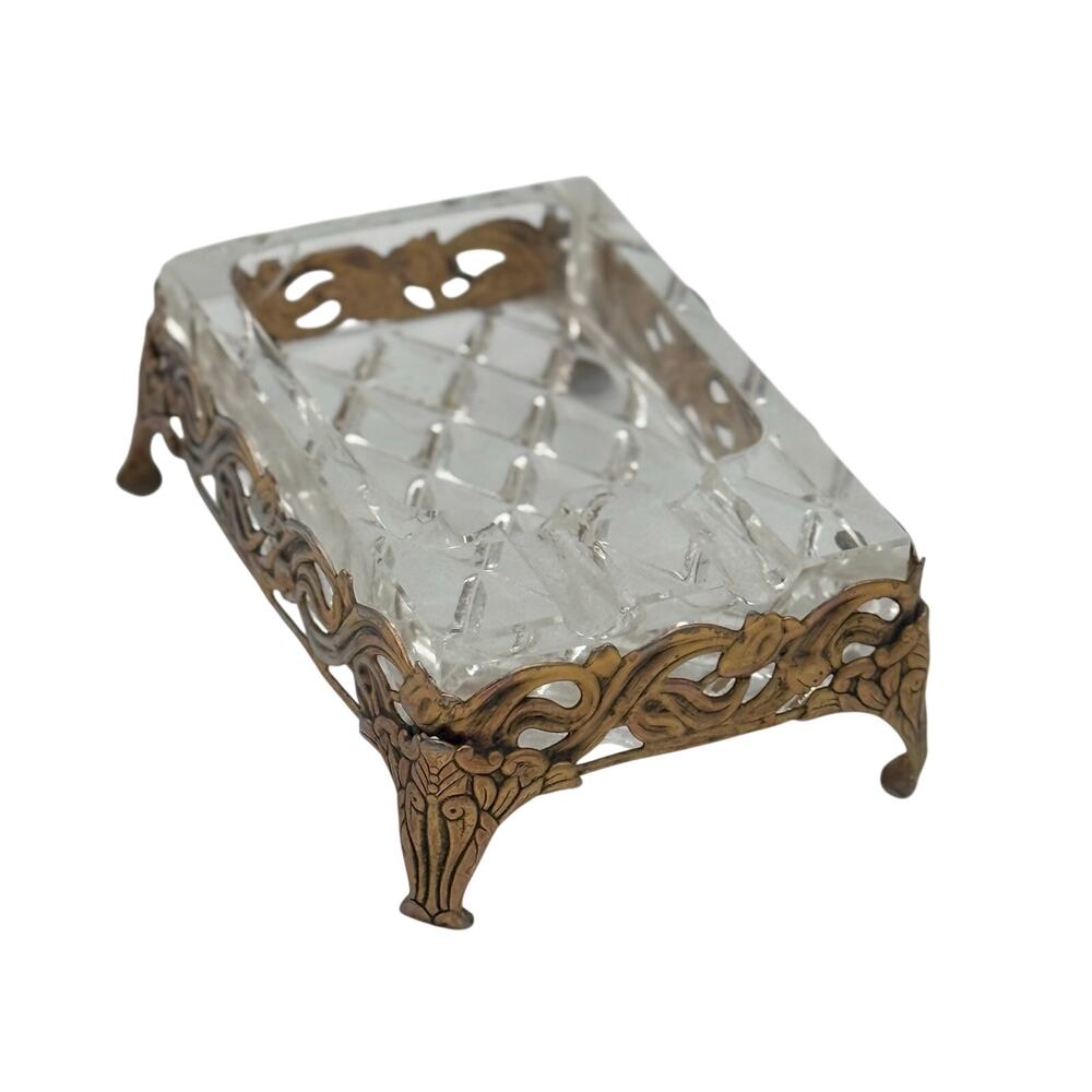 Vintage Hollywood Regency Ormolu Brass Diamond Glass Footed Ashtray Trinket Dish